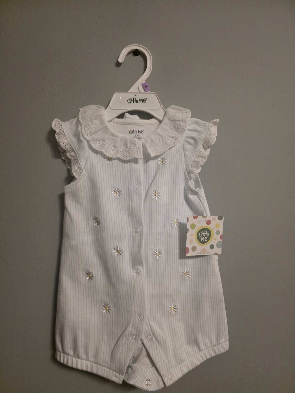 Little Me White Eyelet Collar Daisy Embroidered Romper